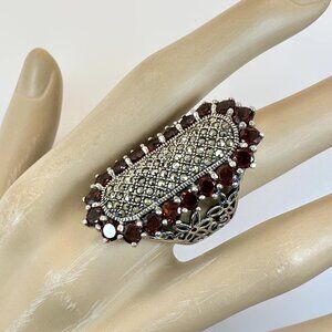 Garnet Ring, Marcasite, Sterling Silver, Vintage, Red Stone, Thailand, Long